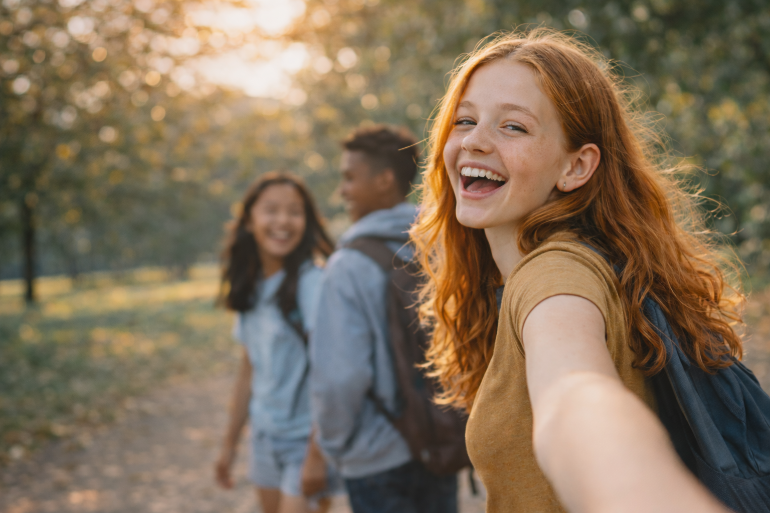 Happy teenagers outdoors in a park.